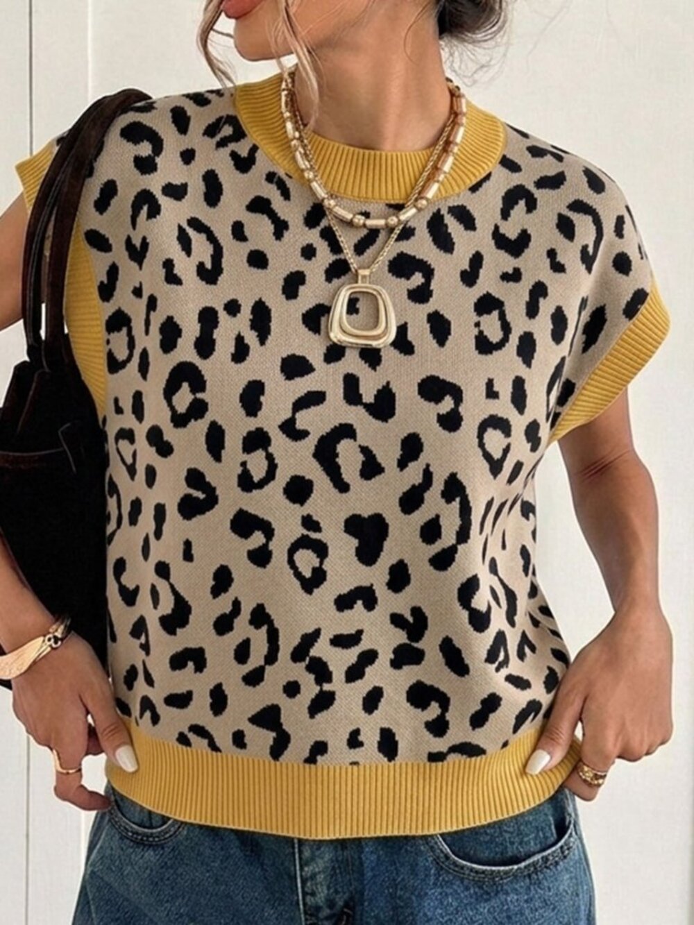 Multicolor Casual Women's Leopard Print Patchwork Knit Top - Picture 4 of 5
